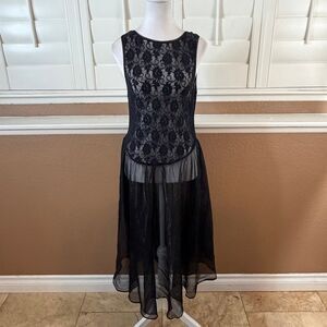 Lace Overlay Drop Waist Chiffon Dress Sheer Flowy Skirt Sz S/M Gothic Romantic